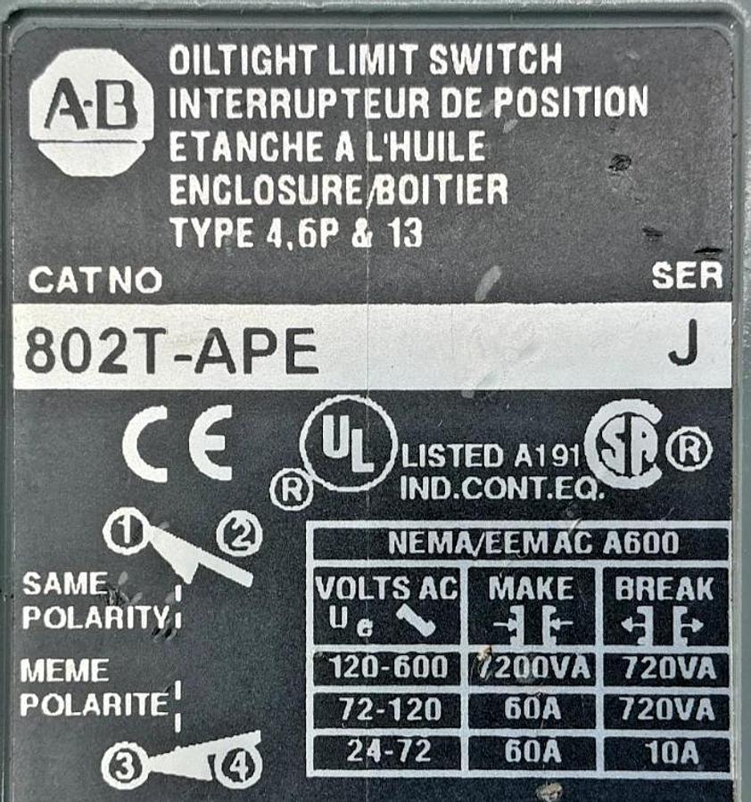 Used Allen Bradley 802T-APE Ser J Oiltight Limit Switch Plug-In Lever Type 10A 600VAC