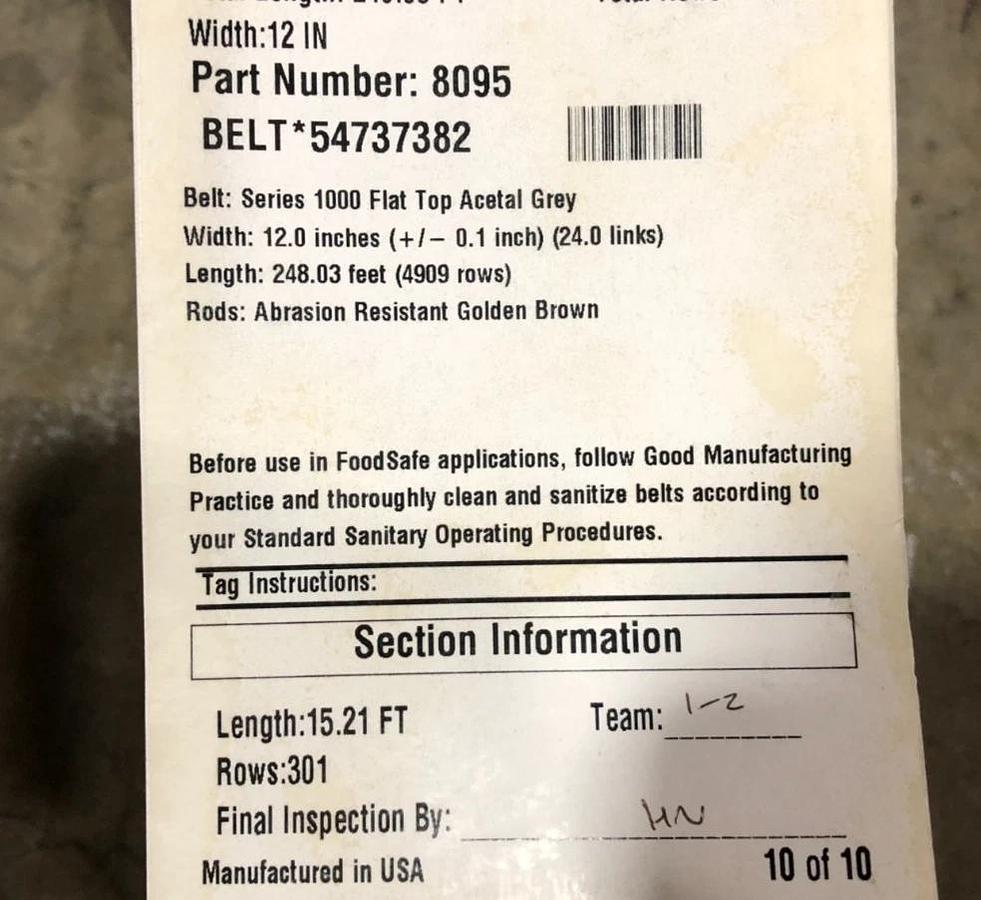 New Intralox 8095 Series 1000 Flat Top Acetal Gray 15.21FT x 12" W - No Box