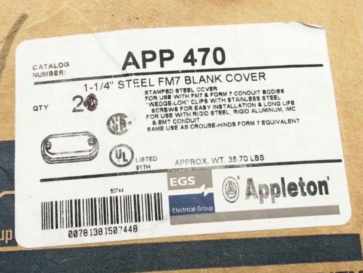 Lot of 2 New Appleton APP 470 1-1/4" Steel FM7 Blank Covers