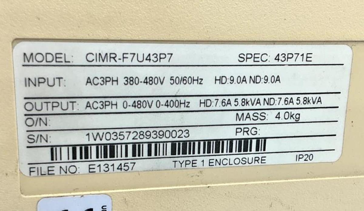 Used Yaskawa CIMR-F7U43P7 Varispeed AC Inverter Drive 3PH 7.6A 380-480VAC 50/60HZ