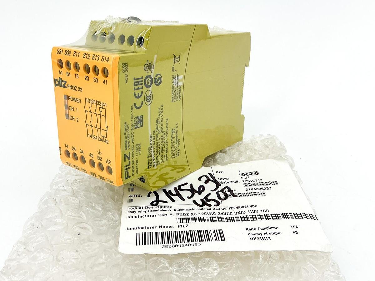 New Pilz PNOZ X3 120VAC 24VDC 3N/O 1N/C 1S0 Safety Relay 774316