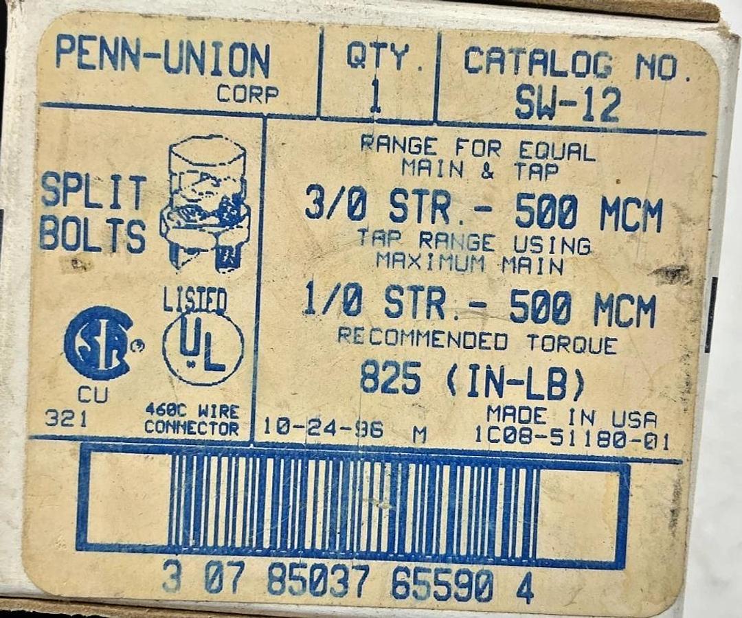 New Penn-Union Corp SW-12 Split Bolts 1/0STR-500MCM Rec Torque: 825 (IN-LB) SW12