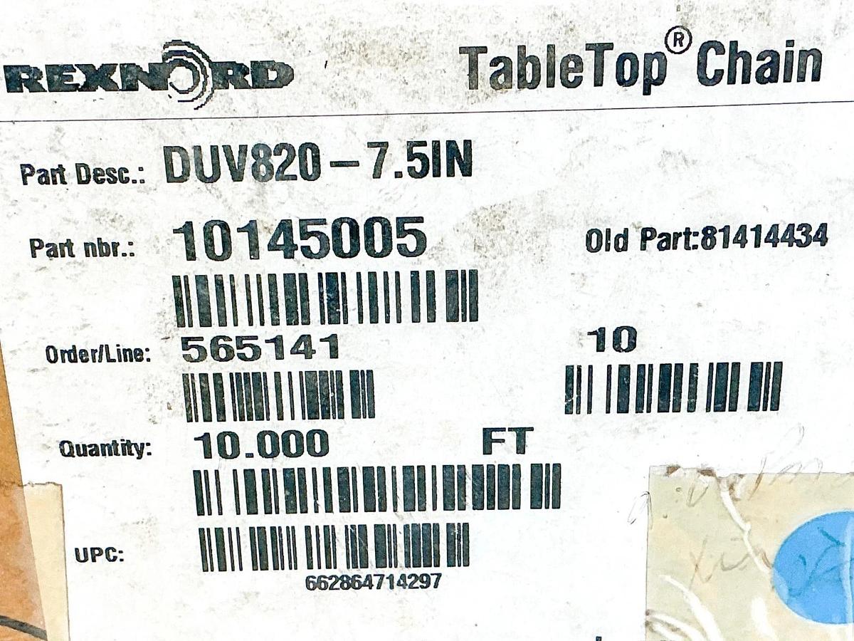 New Rexnord DUV820-7.5IN TableTop Chain 7.5FT 10145005 81414434 - No Box