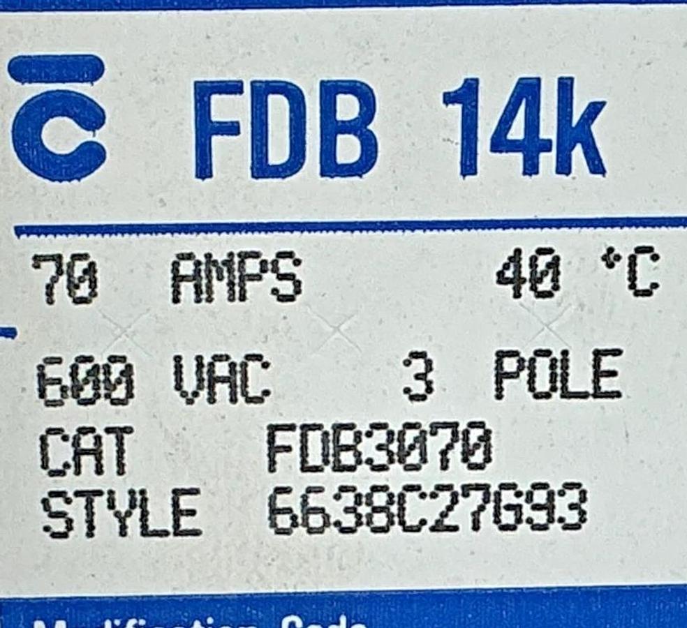 New Westinghouse FDB3070 Ser C Industrial Circuit Breaker 3-Pole 40C 70A 600V