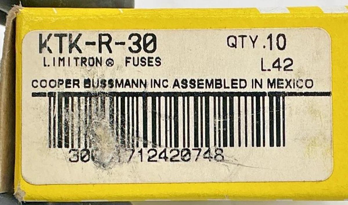 New Bussmann KTK-R-30 Limitron Current-Limiting Class CC Fuse 30A 600V Box of 10