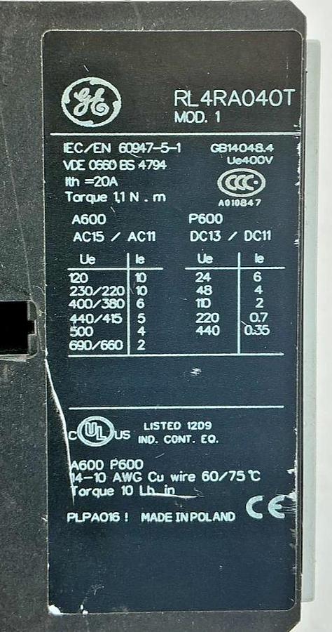 New GE General Electric RL4RA040T Contactor 20A 110/120V Coil 50/60HZ - No Box