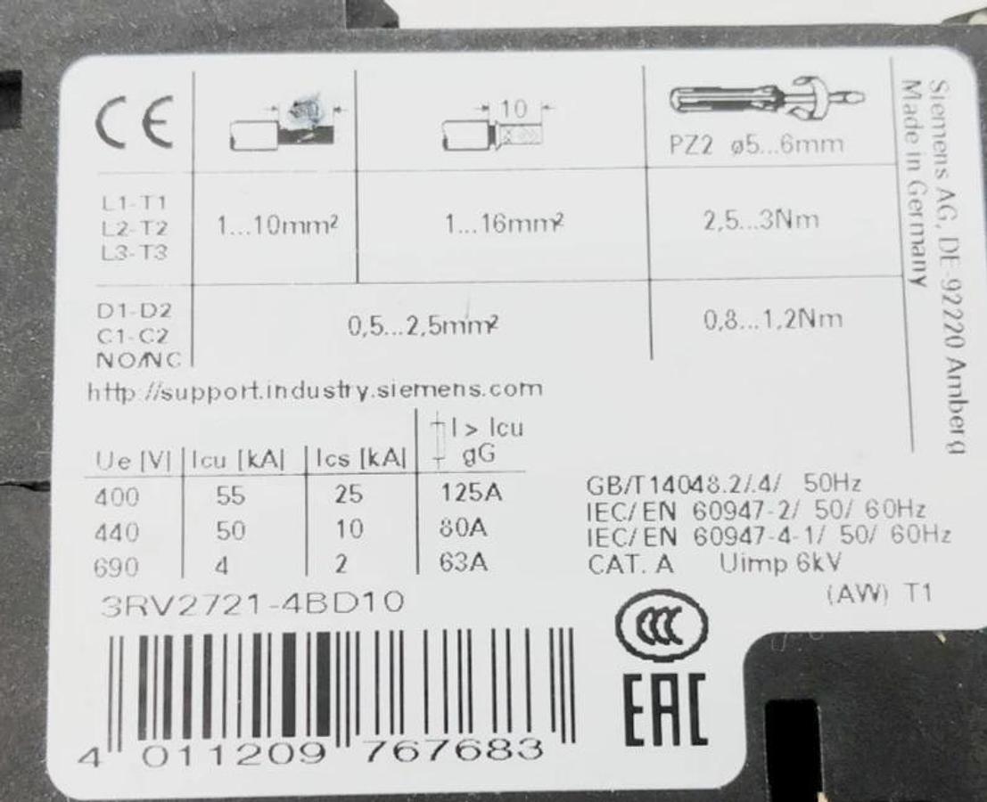 New Siemens 3RV2721-4BD10 Circuit Breaker 20A Size S0 UL489