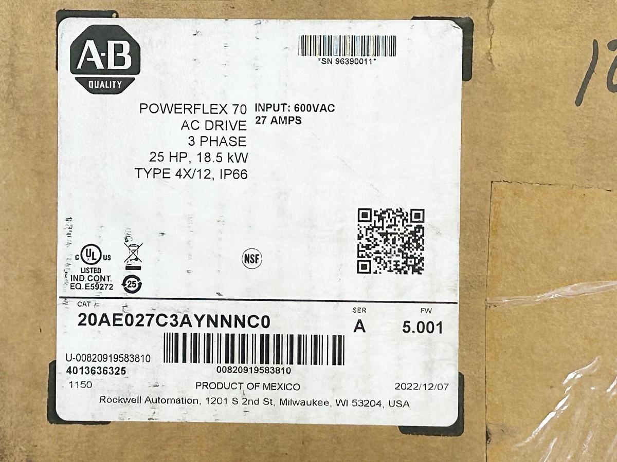 New Allen Bradley 20AE027C3AYNNNC0 AC Drive Powerflex 70 3Ph 600V 27A 25HP