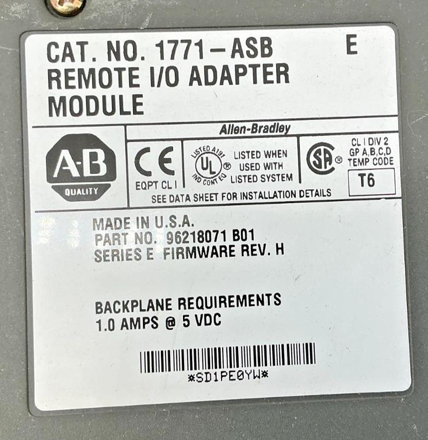 Used Allen Bradley 1771-ASB Ser E Remote I/O Adapter Module 1A @ 5VDC 1771ASB