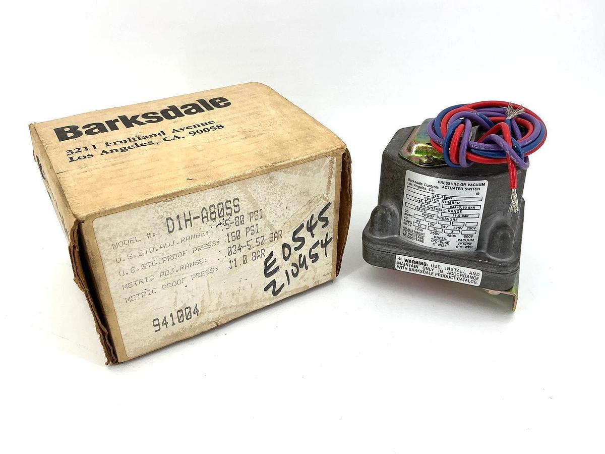 New Barksdale D1H-A80SS Pressure or Vacuum Actuated Switch Adj Range 0.5-80PSI