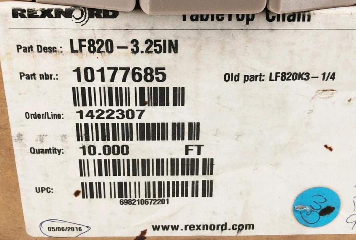 New Rexnord LF820-3.25IN TableTop Chain 10 FT. 10177685 LF820K3-1/4 - No Box