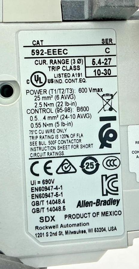 New Allen Bradley 592-EEEC Ser C Auto-Manual Reset 3-Ph Overload Relay 5.4-24A