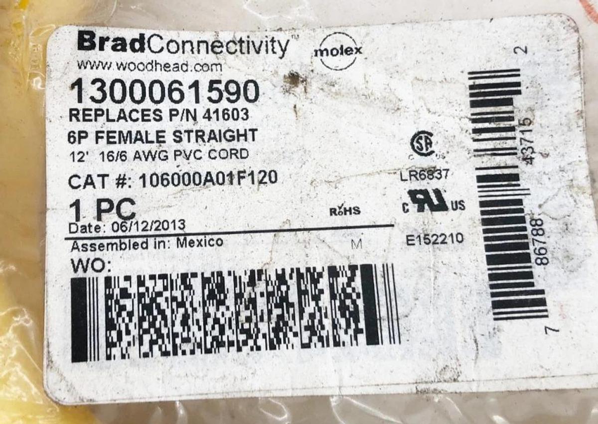 New Brad Connectivity 1300061590 Cordset 6P Female Straight 12FT 16/6 AWG 41603