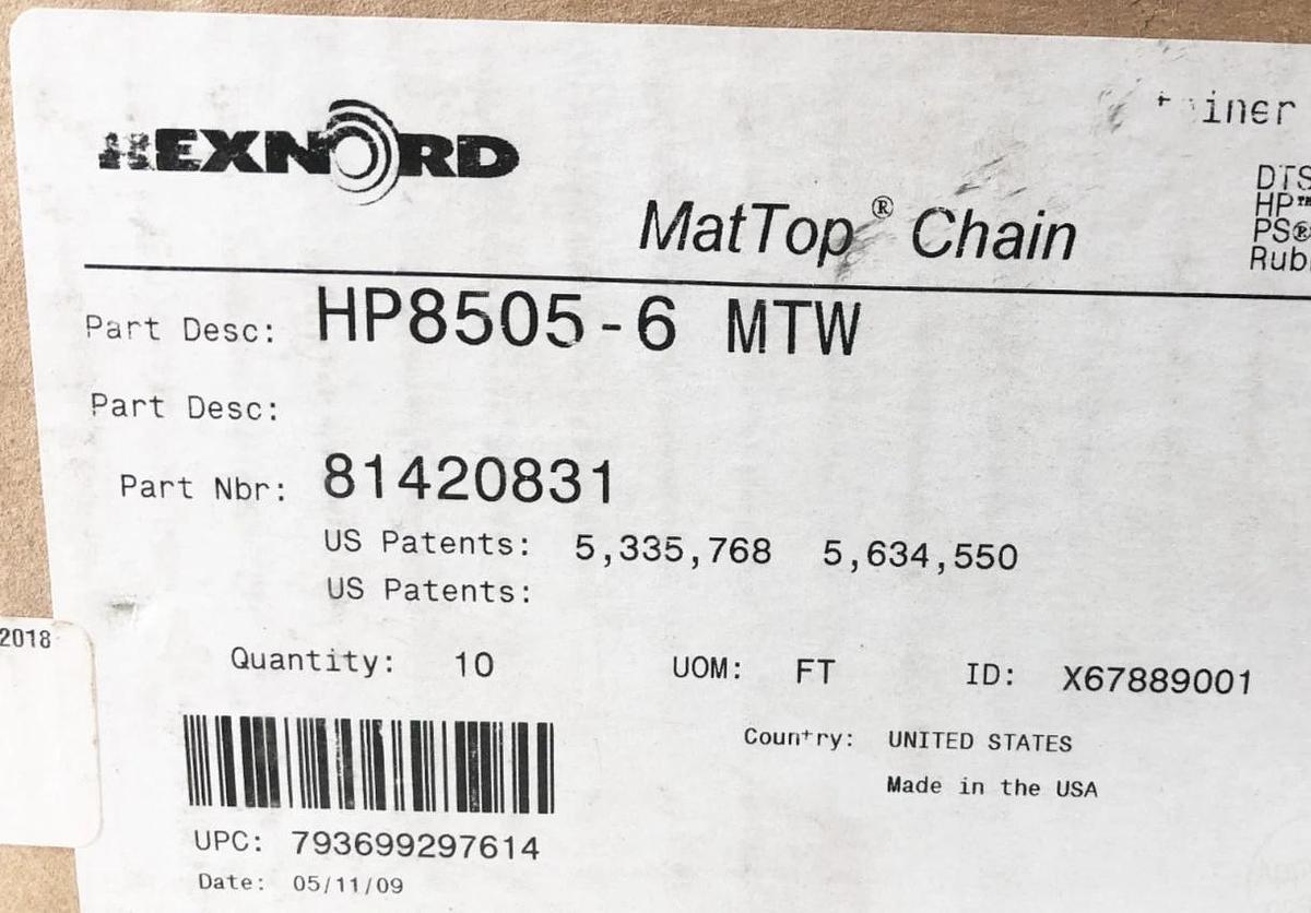 New Rexnord HP8505-6-MTW MatTop Chain 81420831 10FT.