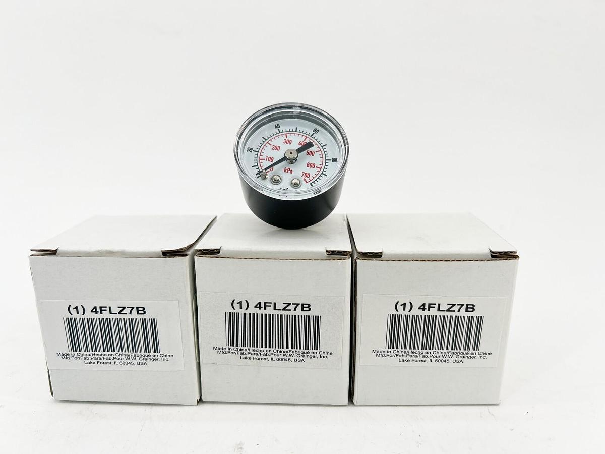 New Lot of 3 Grainger 4FLZ7B Pressure Gauge 0-100PSI 1/8 NPT