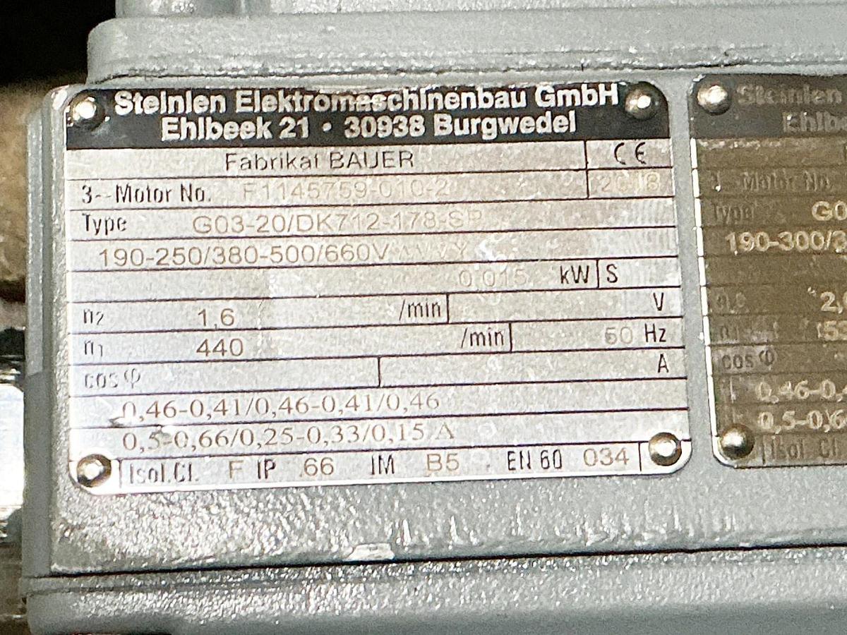 New Bauer F1145759-010-2 Gear Motor Type G03-20/DK712-178-SP 0.015KW 2 RPM 60Hz