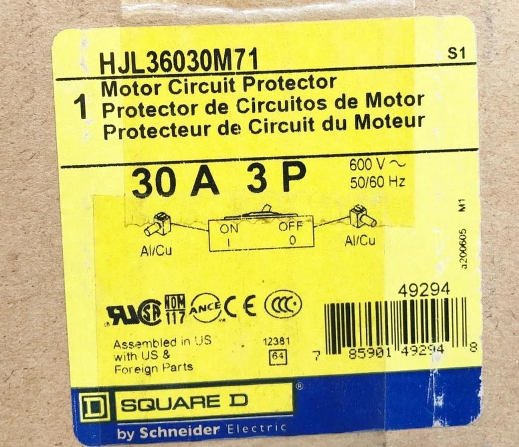 New Square D HJL36030M71 Motor Circuit Protector 30A 600V 3P