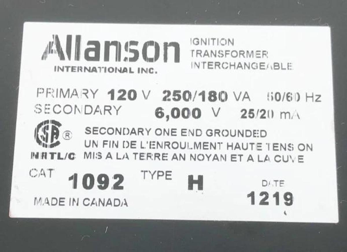 New Allanson 1092-H Ignition Transformer Prim. 120V 250/180VA Sec. 6000V No Box
