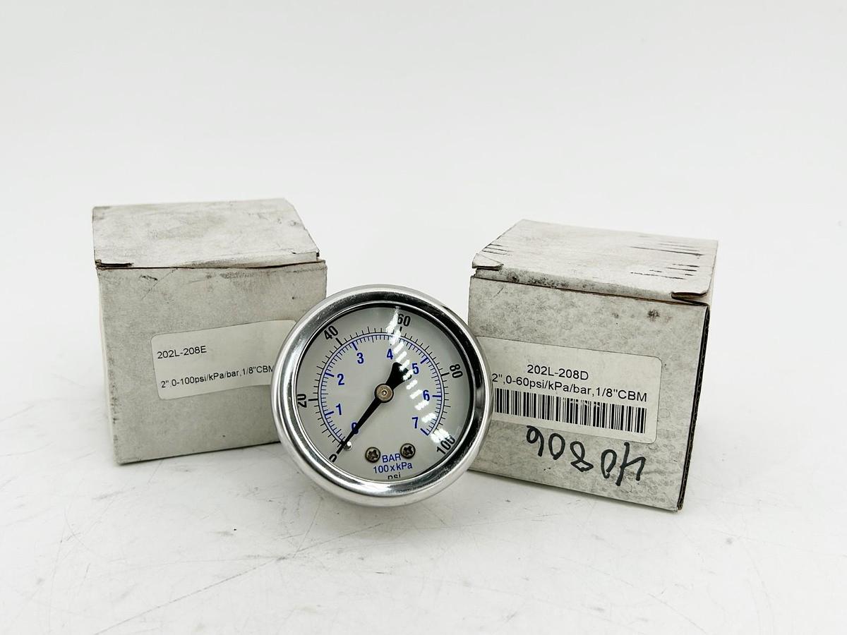 New Lot of 2 202L-208D Pressure Gauge 2" 0-60PSI KPA/Bar 1/8"CBM