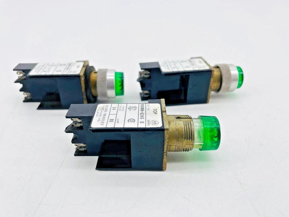 Used Lot of 3 Allen Bradley 800MR-Q24S Pilot Light Green 24V Ser D