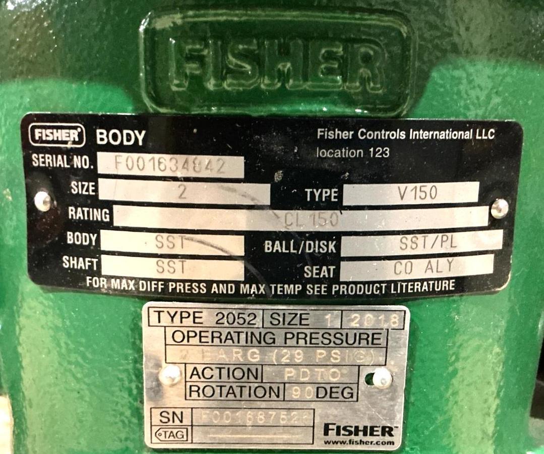 New Fisher 2052 Size 1 Rotary Actuator w/ V150 Size 2 Valve PDTO 29PSIG 90° Rot.