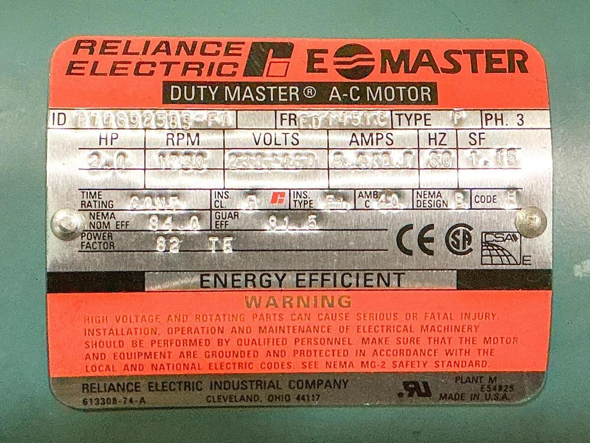 Used Reliance Electric P14G9258S-FA Electric Motor 2HP 3PH 460V 1730RPM