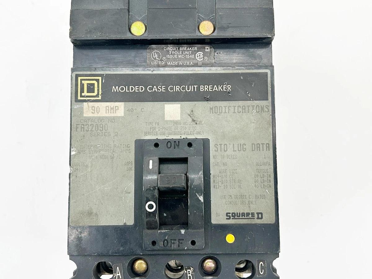 Used Square D FA32090 Circuit Breaker 90A 250V 3Pole