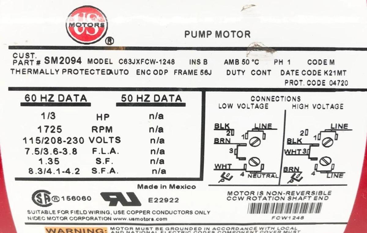 Used US Motors SM2094 C63JXFCW-1248 Pump Motor 1/3HP 115V 1725RPM 04720