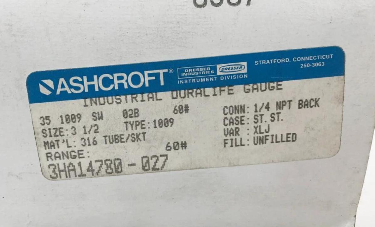 New Ashcroft 35-1009-SW-02B-60# Duralife Gauge 1/4" NPT Back Mount 60psi