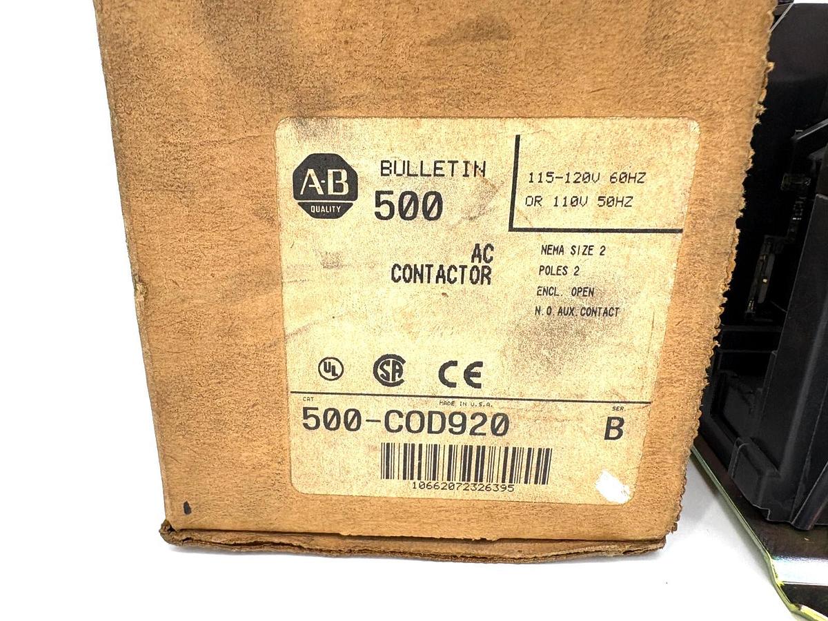 New Allen Bradley 500-COD920 Ser. B AC Contactor NEMA Size 2 110/120V Coil 2P