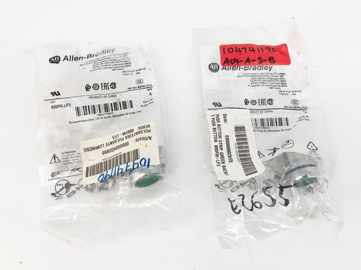 Lot of 2 New Allen Bradley 800FM-LF3 Green Flush Mount Pushbutton Illuminated