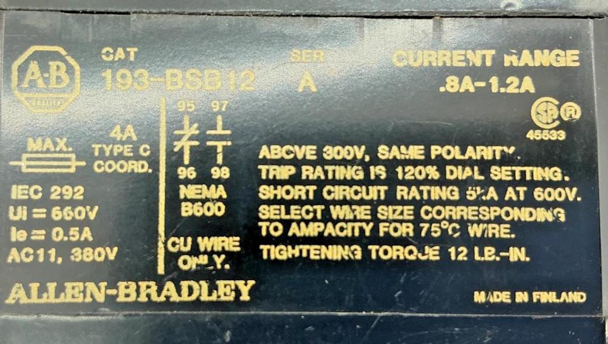 Used Allen Bradley 193-BSB12 Ser A Relay Current Range 0.8A-1.2A 380V