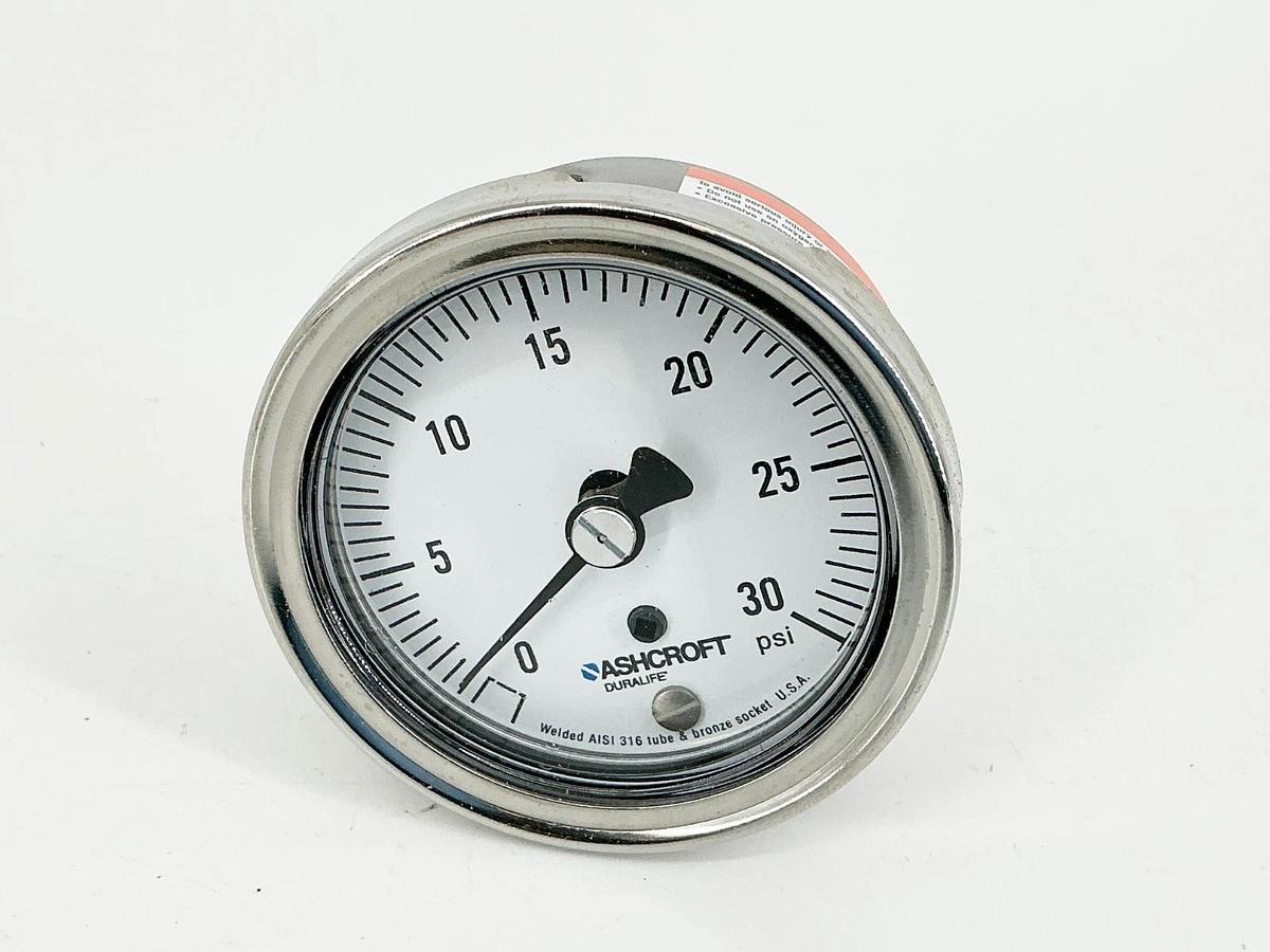New Ashcroft 25-1009-AW-02B-30# Pressure Gauge 2-1/2" 30PSIG 1/4" NPT 316 Tube