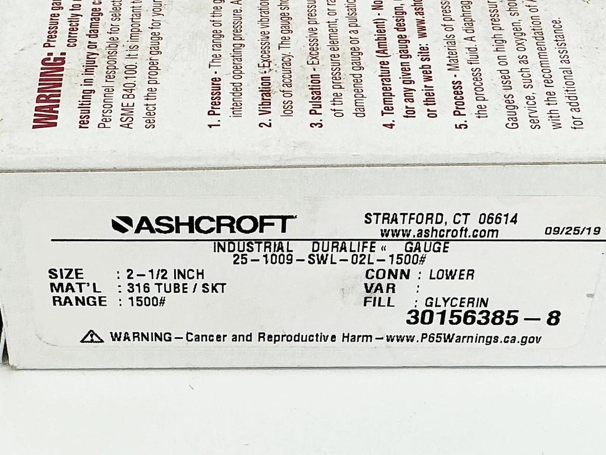 New Ashcroft 25-1009-SWL-02L-1500# Pressure Gauge 2-1/2" 1500PSI 316 Tube