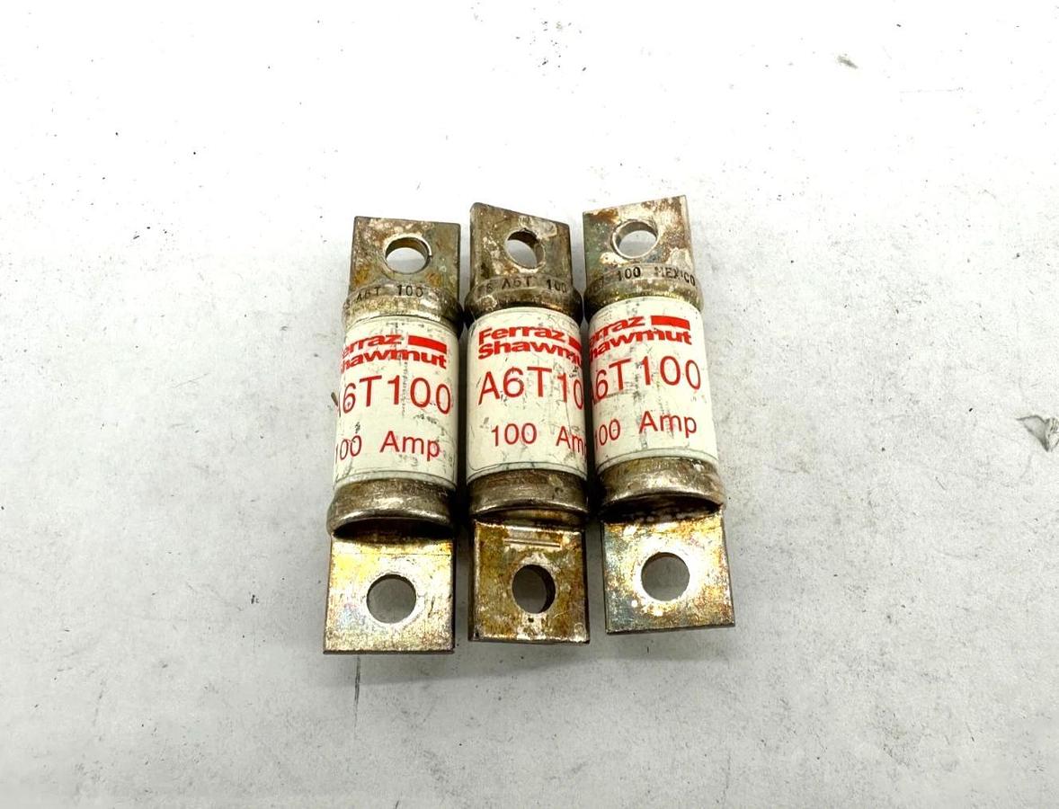 Used Lot of 3 Ferraz Shawmut A6T100 Current Limiting Class T Fuse 100A 600V