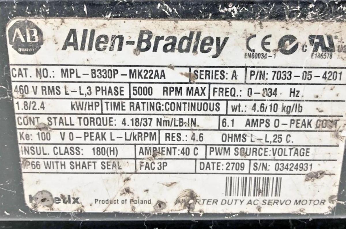 Used Allen Bradley MPL-B330P-MK22AA Ser. A Servo Motor 460V 3PH 5000rpm 7033-05-4201