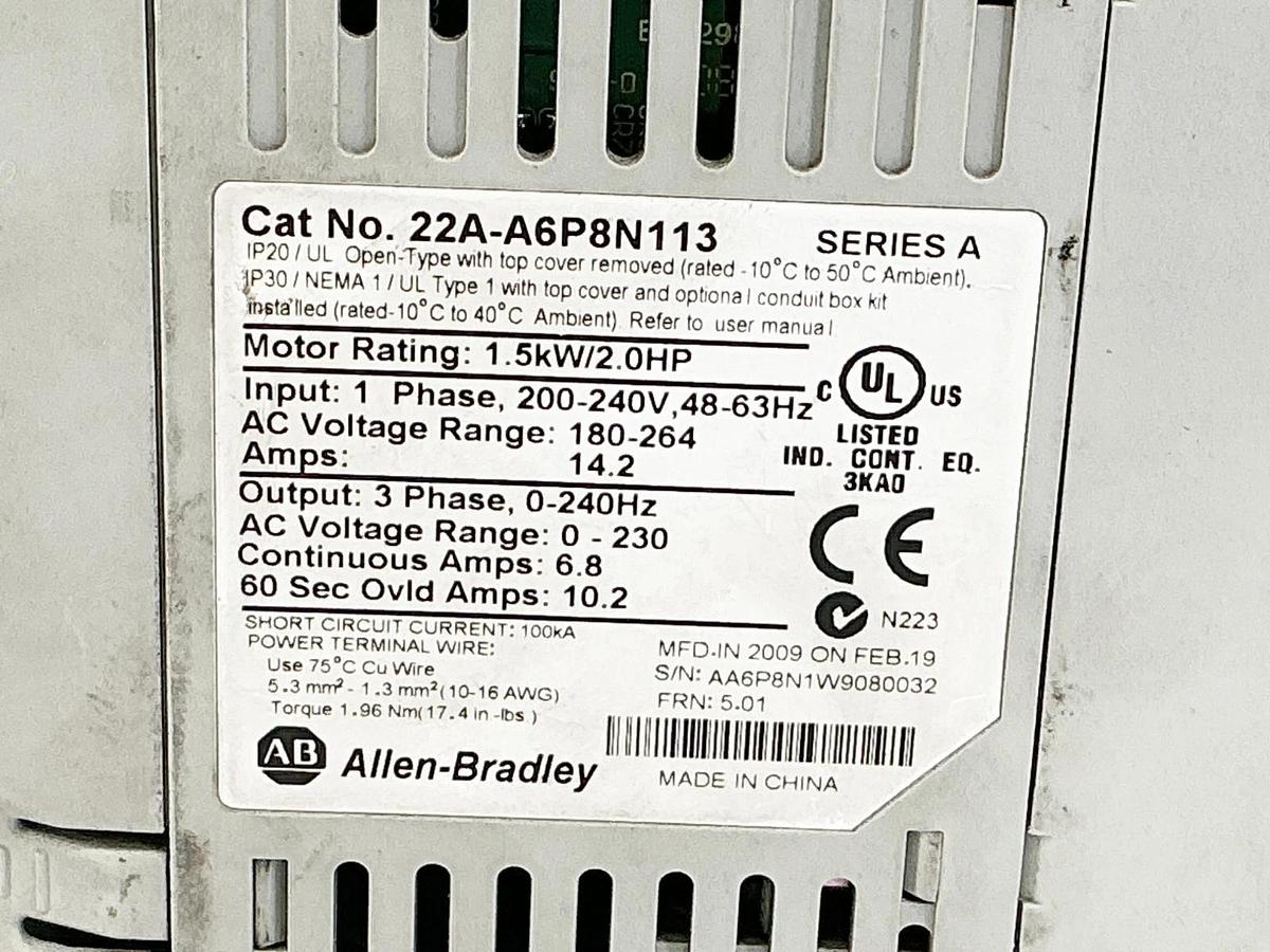 Used Allen Bradley 22A-A6P8N113 AC Drive W/ Adjustable Frequency 240V 2.0HP 14.2A Ser