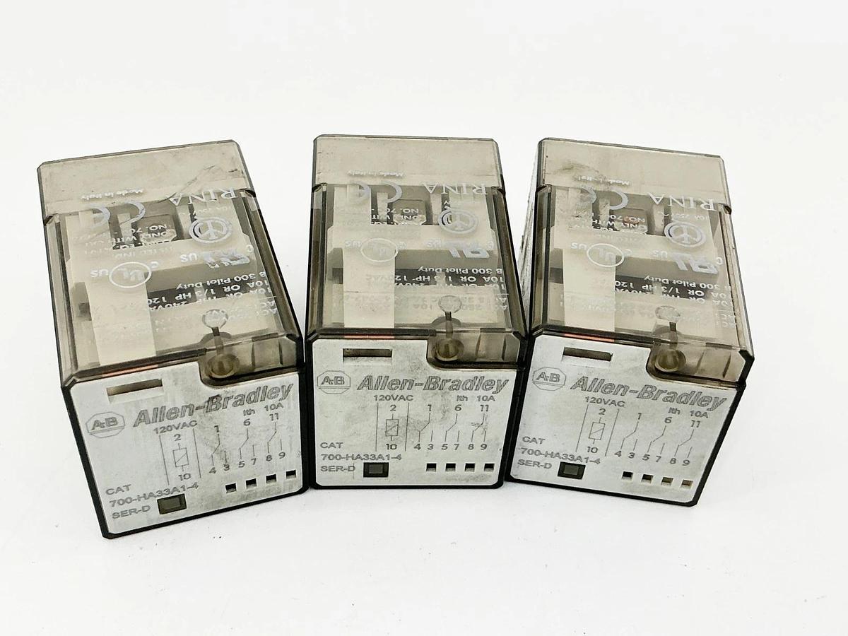 Used Lot of 3 Allen Bradley 700-HA33A1-4 General Purpose Relay 120V 10A Ser.D