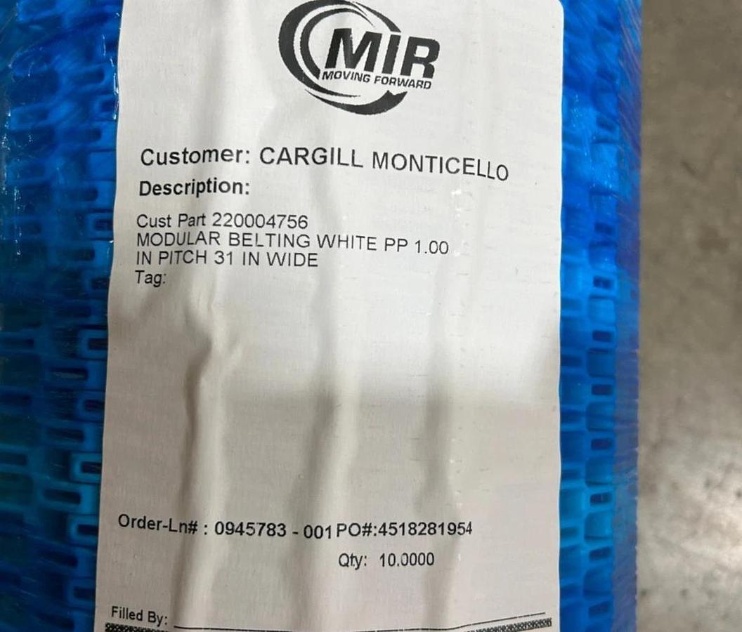 New MIR Modular Belting White PP 1.00 IN Pitch 31" Wide 10FT.