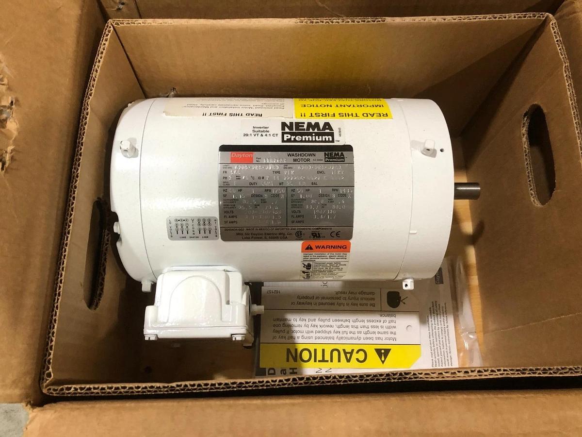 New Dayton 1TRZ6BG Washdown Motor 1 HP 208-230/460V 1750rpm 3.1-3.0/1.5A 3PH
