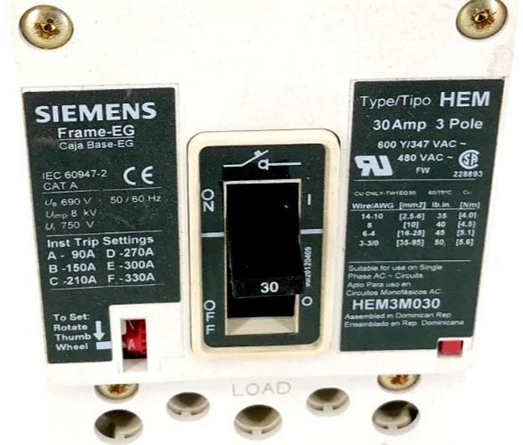 Used Siemens HEM3M030L Circuit Breaker 30A 3P 480VAC Frame-EG