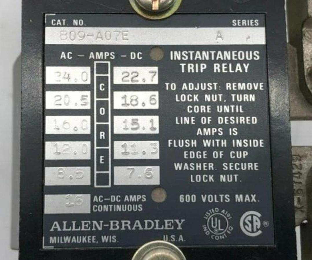 New Allen-Bradley 809-A07E Ser. A Instantaneous Trip Relay 600VAC/DC 16A