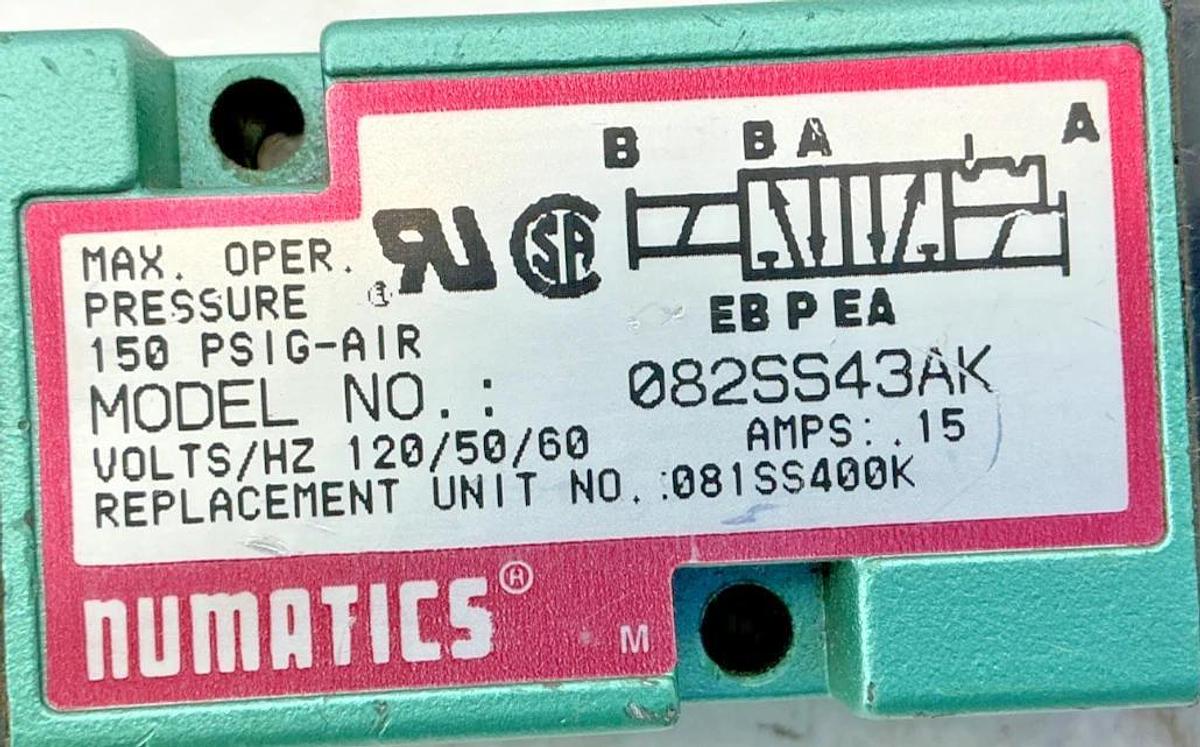Used Numatics 082SS43AK Solenoid Valve 150PSIG-Air 0.15A 110/120V 50/60HZ
