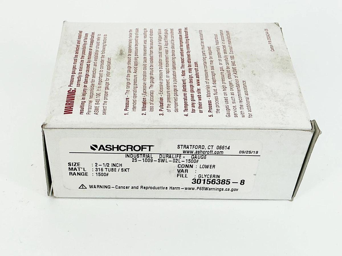 New Ashcroft 25-1009-SWL-02L-1500# Pressure Gauge 2-1/2" 1500PSI 316 Tube