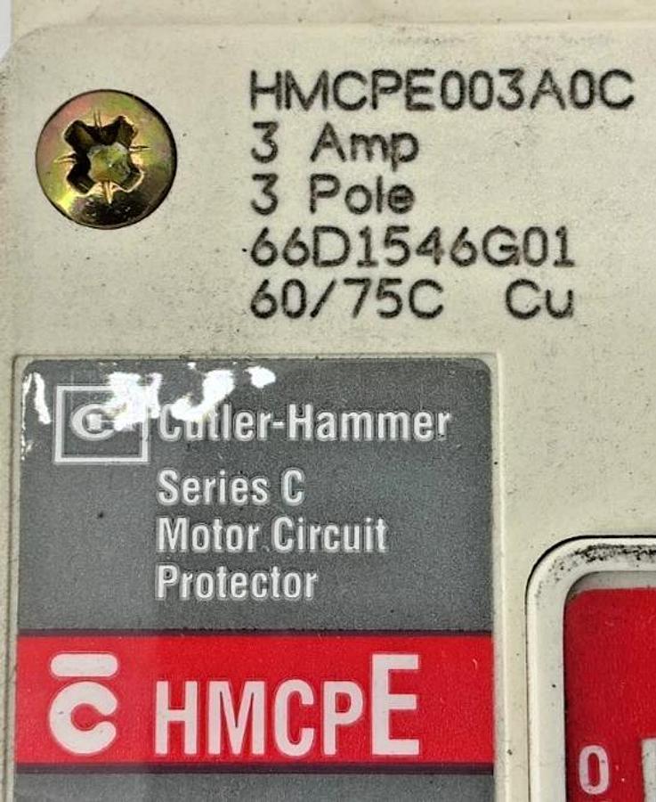 Used Cutler-Hammer HMCPE003A0C Ser C Motor Circuit Protector HMCP-E 3-Pole 3A 480VAC