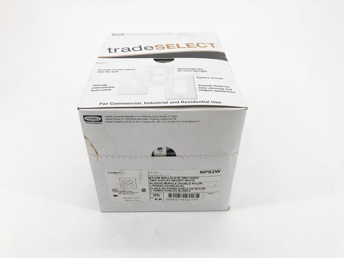 Box of 25 New Hubbell NP82W 2-Gang Wallplates White Nylon