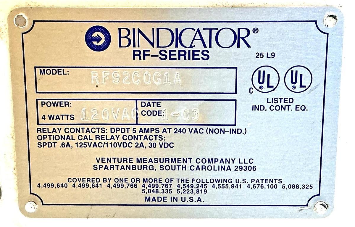 Used Bindicator RF92C0G1A RF Series Leveling Probe Bin/Tank 4W 120VAC