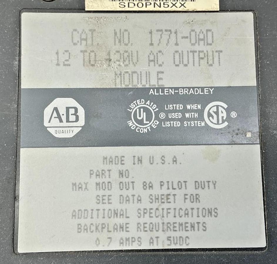 Used Allen Bradley 1771-OAD AC Output Module 16-Point 12-120VAC 50/60HZ 1771OAD