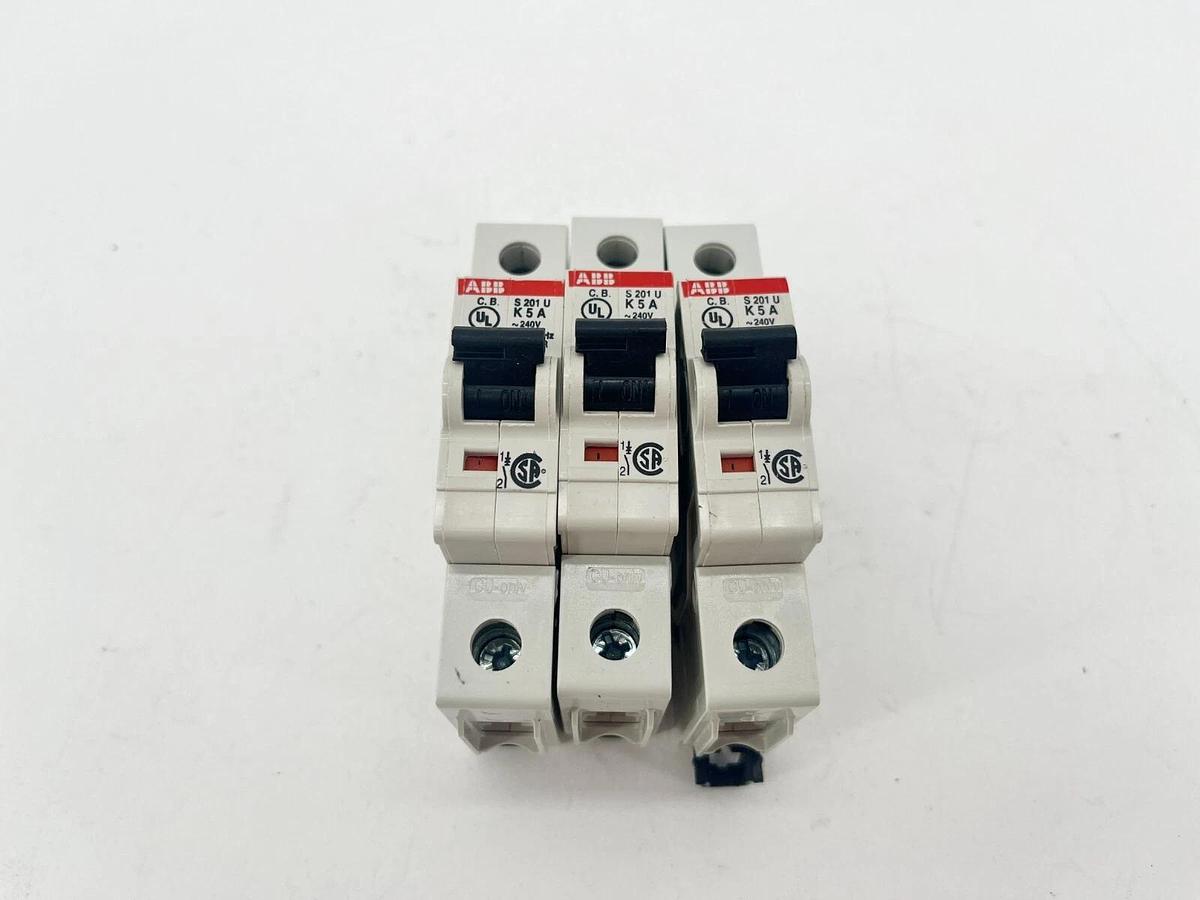 Used Lot of 3 ABB S201U-K5A Miniature Circuit Breakers 5A 240V 1P 2CDS251001R0357
