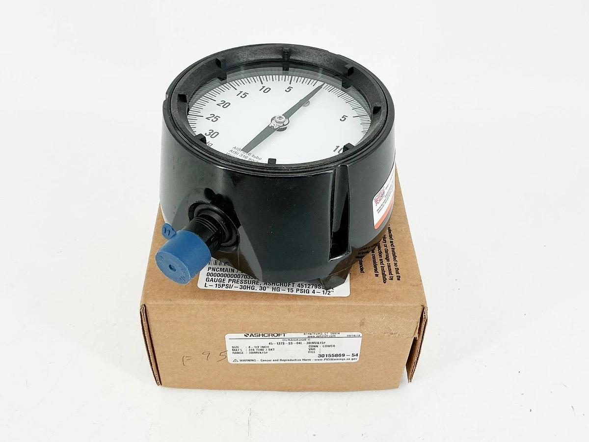 New Ashcroft 45-1279-SS-04L-30IMV&15 Pressure Gauge 4" Face 1/2"NPT 30IMV-15